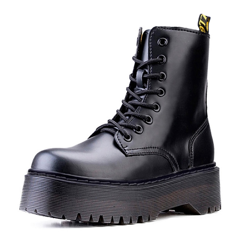 Stiefeletten Frauen 2020 Winter Hohe Plattform Dicken Heels Chunky für Plattform Stiefel Flache Schuhe Herbst Punk Leder Motorrad Boot