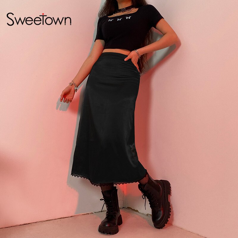 Sweetown Schwarz Goth Ästhetischen Rock Frau Spitze Trim Hohe Taille E Mädchen Midi Röcke Frauen Punk Dark Wissenschaft Y2K Gothic kleidung – Bild 3