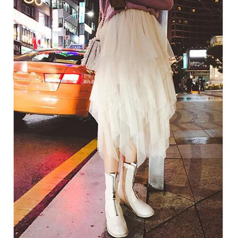 Tüll Röcke Frauen Unregelmäßige Mode Koreanischen Elastische Hohe Taille Mesh Tutu Rock Sexy Gefaltete Lange Röcke Midi Röcke für Frauen – Bild 3