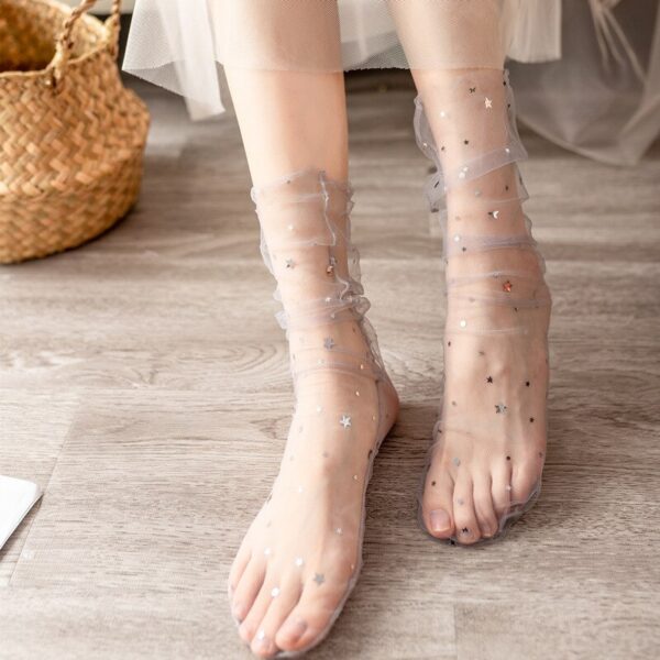 Transparent Mesh Socken Mädchen Sommer Sexy Mode Dünne Reine Fee Socken Pailletten Stern Nahen Rohr Pile Socken 1 Paar
