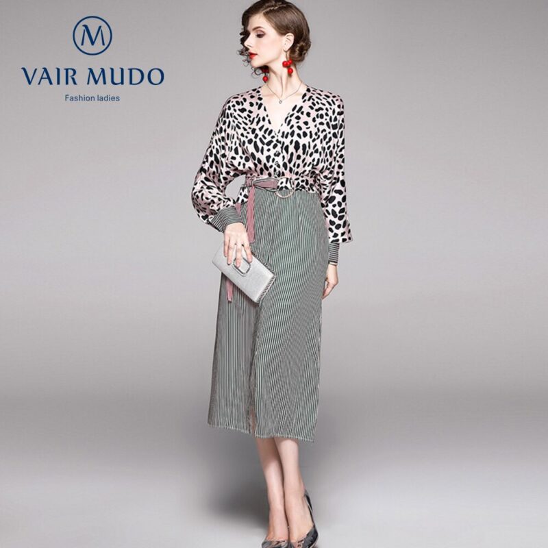 VAIR MUDO Frühling Herbst Kleid Frauen Neue Leopard Print V-ausschnitt Mit Langen Ärmeln Spitze-Up Taille Temperament Büro Dame elegante Y-18