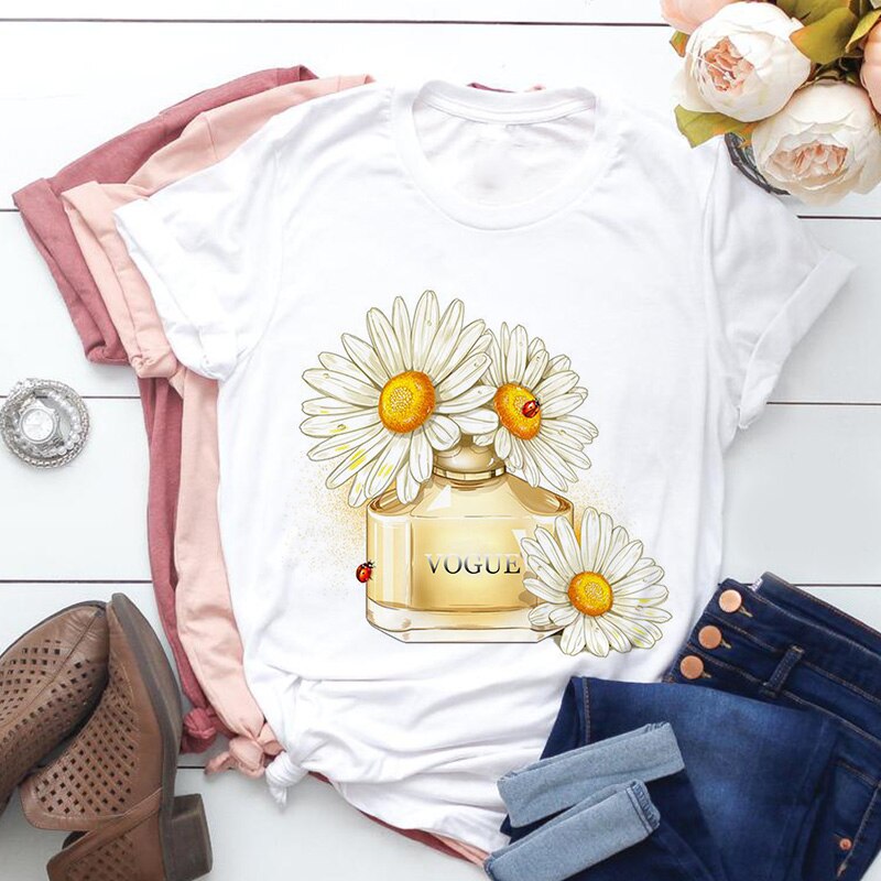Vogue Parfüm Vase Weiß T Shirt Frauen Neue Sommer Blume Kurzarm Dame Tops T-shirt Damen Frauen Grafik Weibliche T t-Shirt – Bild 2