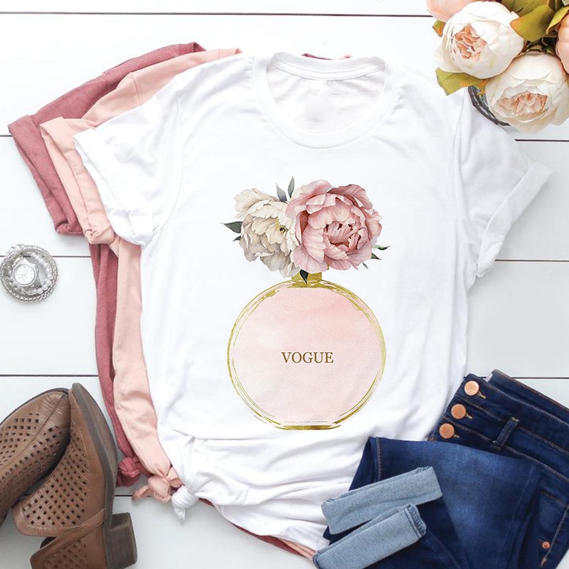 Vogue Parfüm Vase Weiß T Shirt Frauen Neue Sommer Blume Kurzarm Dame Tops T-shirt Damen Frauen Grafik Weibliche T t-Shirt