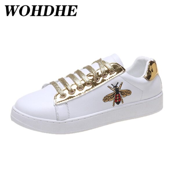 WOHDHE Neue Mode Biene Stickerei Weiß Frauen Schuhe Casual Outdoor Niedrigen Wohnungen Paar Große Größe 41 42 43 44 Turnschuhe