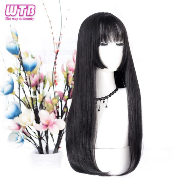 WTB Lange Gerade Haare Schwarz Synthetische Lolita Perücken mit Pony für Frauen Mode Weibliche Cosplay Party Weihnachten Perücken Kostenloser Geschenke