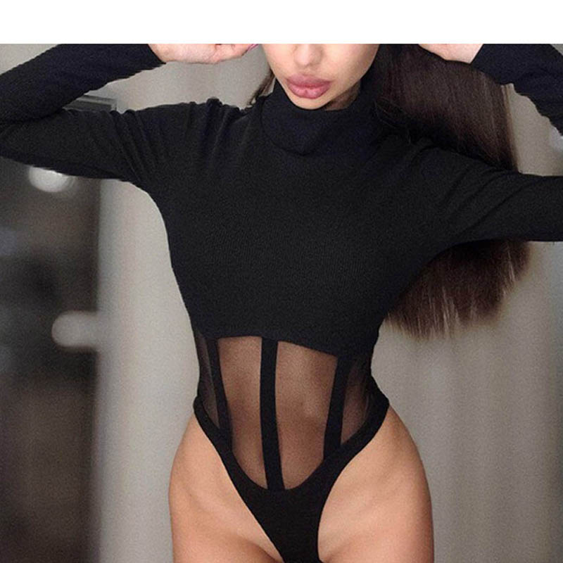 Weiß Strappy Body Sexy Mesh Lange Body Strampler String Femme Sexy Rollkragen Schlank Bodysuit Körper Weibliche – Bild 4