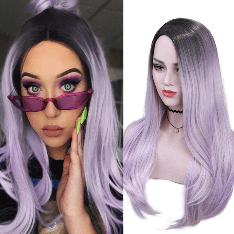Wignee Lange Synthetische Faser Perücken Ombre Licht Lila Teil Division Mit Schrägen Pony Für Frauen Täglich/Cosplay Natürliche Haar perücke – Bild 2