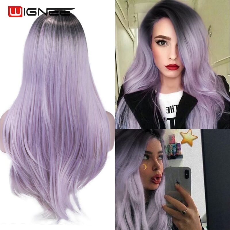 Wignee Lange Synthetische Faser Perücken Ombre Licht Lila Teil Division Mit Schrägen Pony Für Frauen Täglich/Cosplay Natürliche Haar perücke
