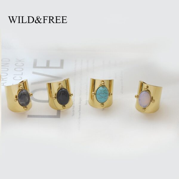 Wilden & Freies Edelstahl Gold Farbe Breite Ringe Für Frauen Große Natürliche Stein Finger Ring Vintage-Schmuck Beste Geschenk