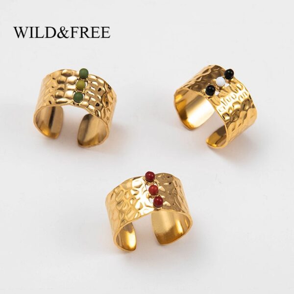 Wilden & Freies Neue Gold Breite Öffnung Finger Ringe Schmuck Für Frauen Edelstahl Handgemachte Stein Konkaven Konvexen Einstellbare Ring