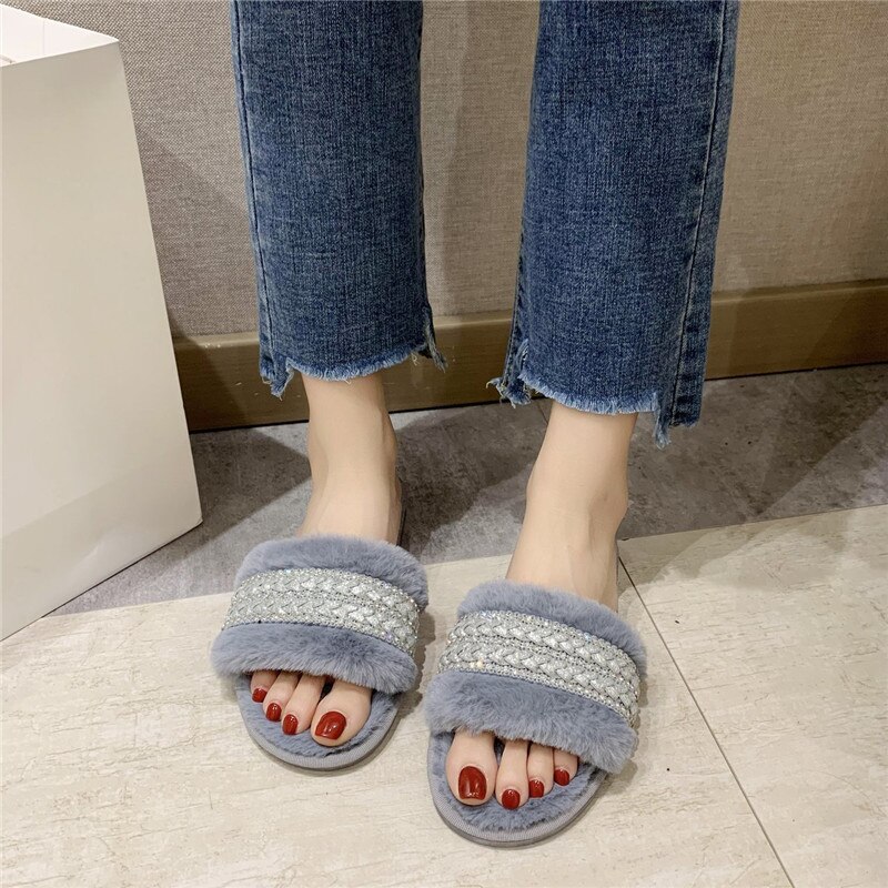 Winter Mode Frauen Hause Hausschuhe Faux Pelz Warme Schuhe Frau Slip auf Wohnungen Diamant Dekoration 1,5 cm Ferse Plus Größe 43 hausschuhe – Bild 2