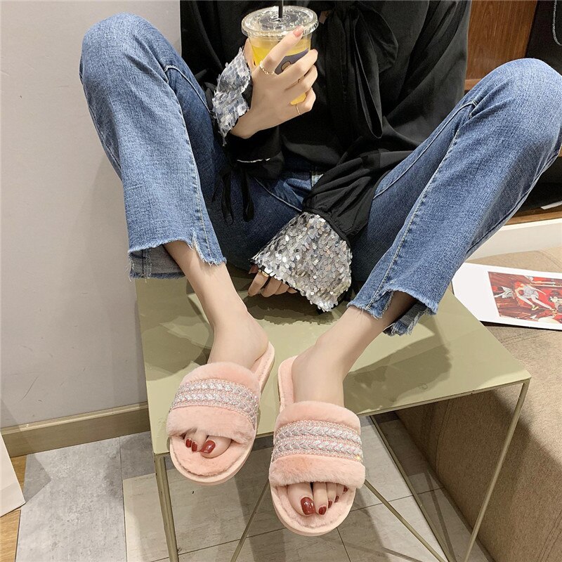 Winter Mode Frauen Hause Hausschuhe Faux Pelz Warme Schuhe Frau Slip auf Wohnungen Diamant Dekoration 1,5 cm Ferse Plus Größe 43 hausschuhe – Bild 4