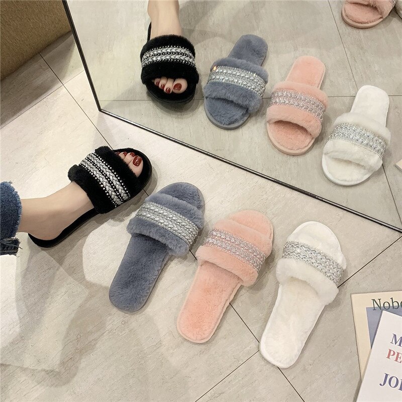 Winter Mode Frauen Hause Hausschuhe Faux Pelz Warme Schuhe Frau Slip auf Wohnungen Diamant Dekoration 1,5 cm Ferse Plus Größe 43 hausschuhe – Bild 5
