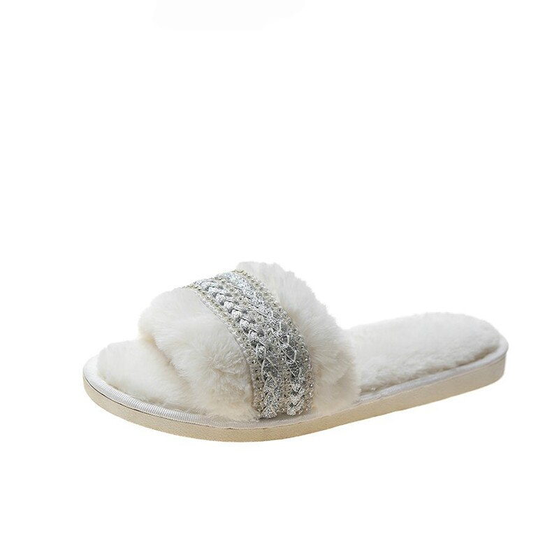 Winter Mode Frauen Hause Hausschuhe Faux Pelz Warme Schuhe Frau Slip auf Wohnungen Diamant Dekoration 1,5 cm Ferse Plus Größe 43 hausschuhe – Bild 6
