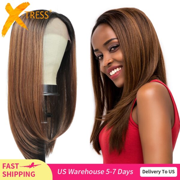 X-TRESS Synthetische Spitze Front Perücken Für Schwarze Frauen Ombre Braun Farbe Lange Weiche Gerade Perücke Freies Teil Glueless Hitze Beständig perücke