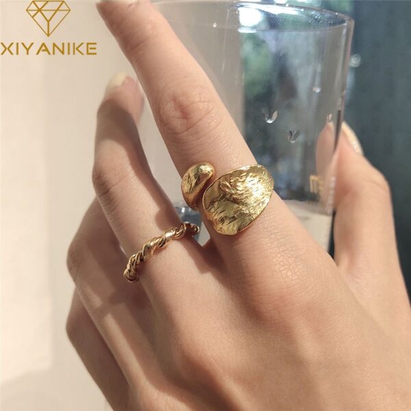 XIYANIKE 925 Sterling Silber Koreanischen Stil Tropfen-Förmigen Goldene Unregelmäßige Zinn Folie Textur Offenen Ring weibliche Mode-Schmuck