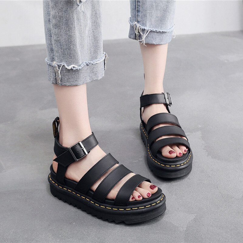 YISHEN 2021 Sommer Martens Schuhe Frau Wohnungen Plattform Sandalen Frauen Weiche Leder Casual Offene spitze Dicken Boden Keile Frauen Schuhe – Bild 3