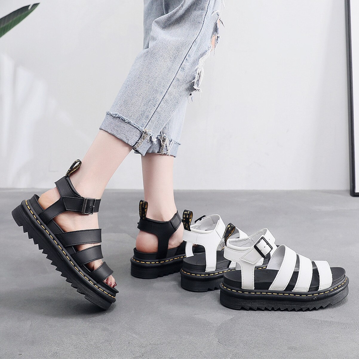 YISHEN 2021 Sommer Martens Schuhe Frau Wohnungen Plattform Sandalen Frauen Weiche Leder Casual Offene spitze Dicken Boden Keile Frauen Schuhe – Bild 5