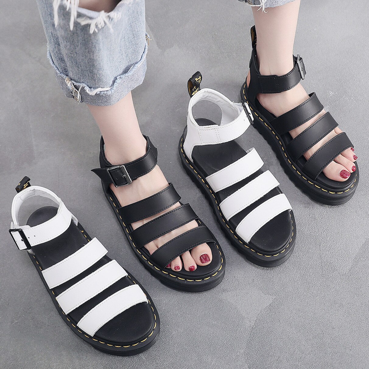 YISHEN 2021 Sommer Martens Schuhe Frau Wohnungen Plattform Sandalen Frauen Weiche Leder Casual Offene spitze Dicken Boden Keile Frauen Schuhe – Bild 6