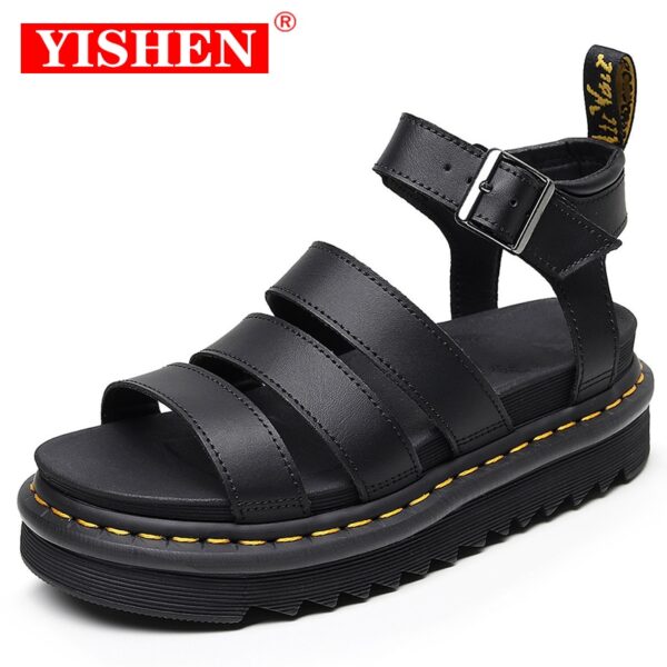 YISHEN 2021 Sommer Martens Schuhe Frau Wohnungen Plattform Sandalen Frauen Weiche Leder Casual Offene spitze Dicken Boden Keile Frauen Schuhe