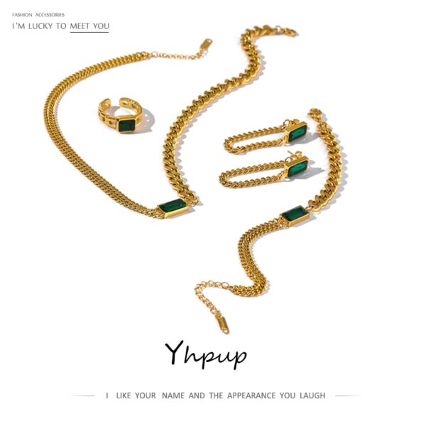 Yhpup 18 Gold Edelstahl Halskette Schmuck für Frauen Grün Kristall Stein Kette Kragen Choker Metall Halskette Set Bijoux