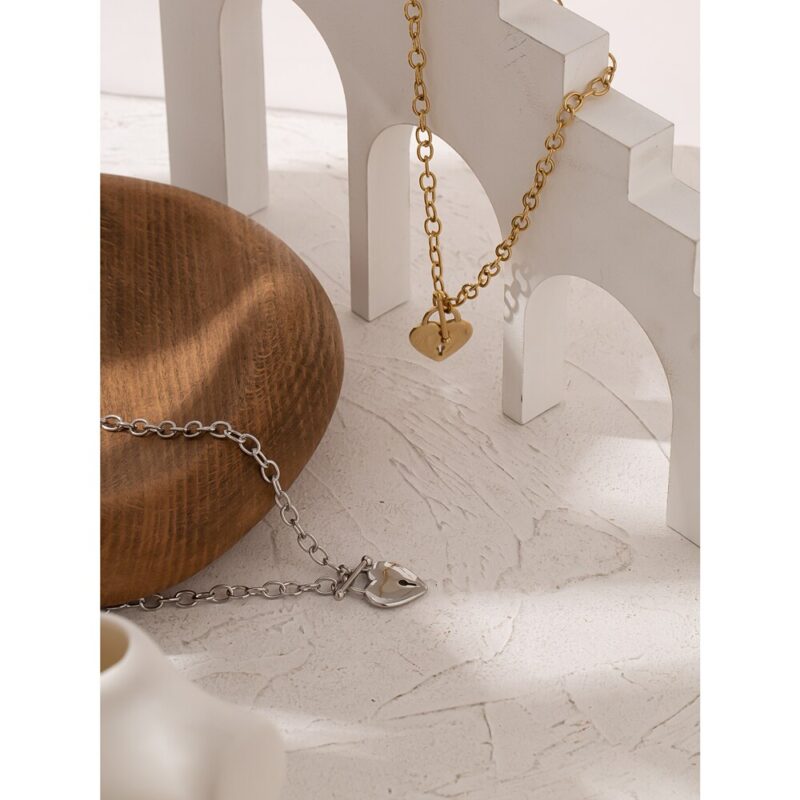 Yhpup Romantische Herz Lock Anhänger Edelstahl Halskette für Frauen Temperament Metall Textur 18 K Überzog Choker Halskette 2021 – Bild 4