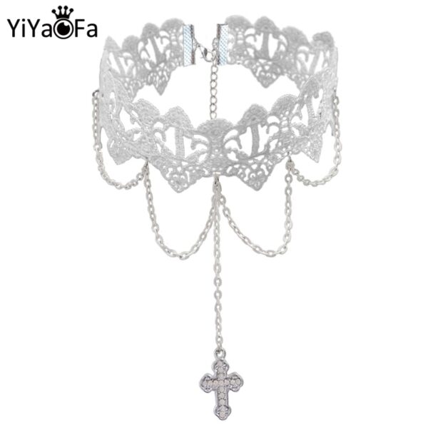 YiYaoFa Vintage Weiße Spitze Halskette Kreuz Anhänger Choker Halskette für Frauen Zubehör Gothic Dame Partei Schmuck Kragen GN-72