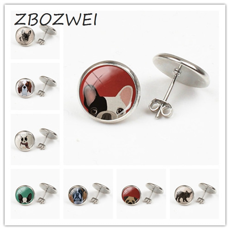 ZBOZWEI Bunte Hund Ohrringe Französisch Bulldog Kunst Bild runde Glas für frauen männer handgemachte charme mew trendy 2018 jewlery