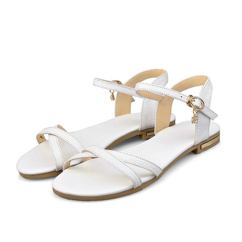 ZawsThia 2020 Sommer Echtem Leder Casual Frau Schuhe Schnalle Frauen Flache Sandalen Große Größe 44 45 46 alias mujer schwarz – Bild 2