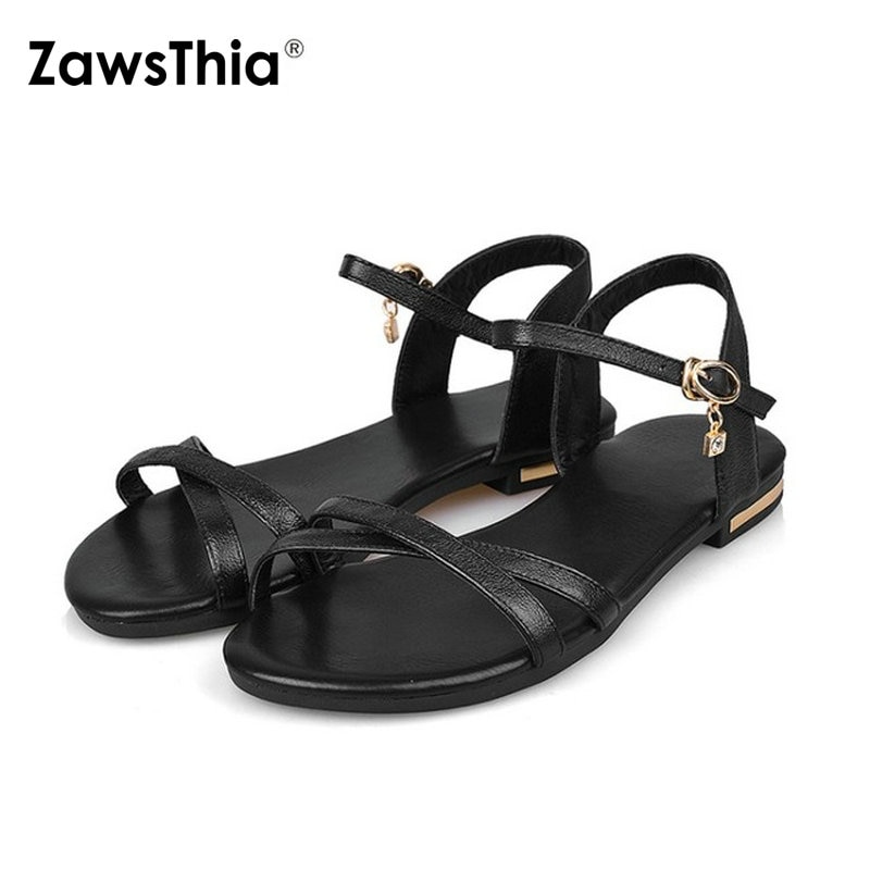 ZawsThia 2020 Sommer Echtem Leder Casual Frau Schuhe Schnalle Frauen Flache Sandalen Große Größe 44 45 46 alias mujer schwarz