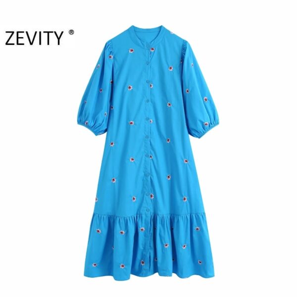 Zevity Neue frauen vintage o hals blume stickerei hemd kleid chic dame hem falten rüschen vestidos gerade midi kleider DS4171