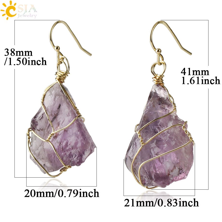 CSJA Unregelmäßigen Natürlichen Stein Tropfen Ohrringe Kristall Gold-Farbe Draht Wrap Asymmetrische Pendientes für Frauen Trendy Schmuck Geschenk G328 – Bild 3