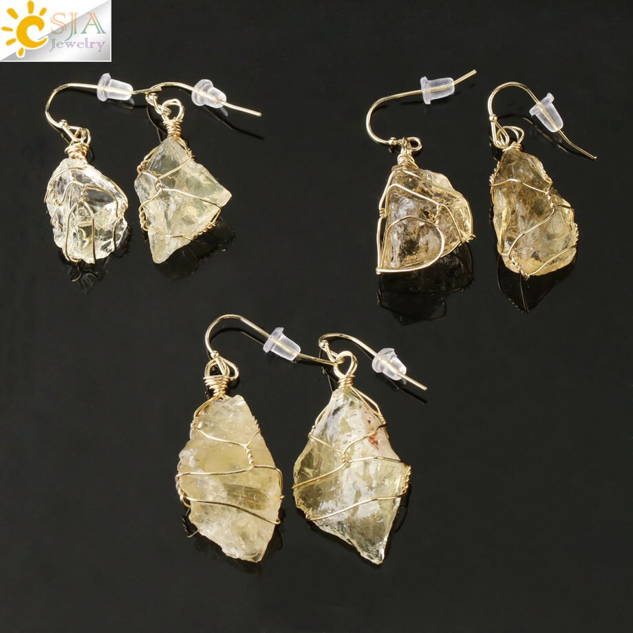 CSJA Unregelmäßigen Natürlichen Stein Tropfen Ohrringe Kristall Gold-Farbe Draht Wrap Asymmetrische Pendientes für Frauen Trendy Schmuck Geschenk G328 – Bild 4