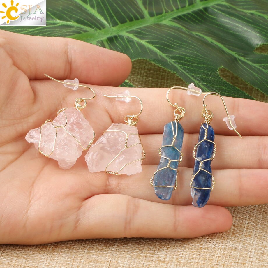 CSJA Unregelmäßigen Natürlichen Stein Tropfen Ohrringe Kristall Gold-Farbe Draht Wrap Asymmetrische Pendientes für Frauen Trendy Schmuck Geschenk G328 – Bild 5