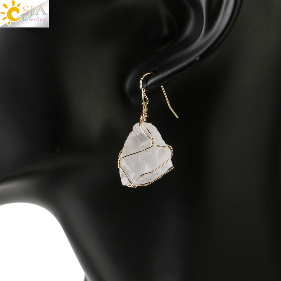 CSJA Unregelmäßigen Natürlichen Stein Tropfen Ohrringe Kristall Gold-Farbe Draht Wrap Asymmetrische Pendientes für Frauen Trendy Schmuck Geschenk G328 – Bild 6