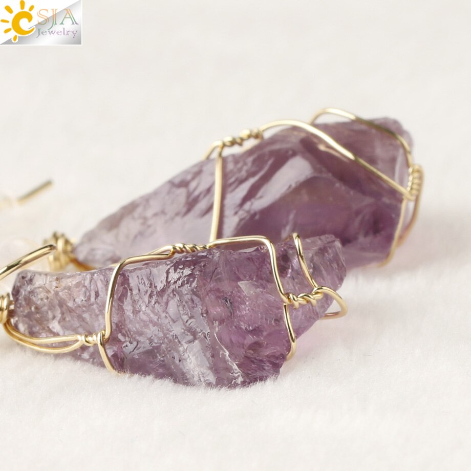 CSJA Unregelmäßigen Natürlichen Stein Tropfen Ohrringe Kristall Gold-Farbe Draht Wrap Asymmetrische Pendientes für Frauen Trendy Schmuck Geschenk G328 – Bild 2
