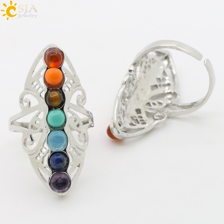 Reiki 7 Chakra Stone Bead Women Charm Yoga Finger Rings