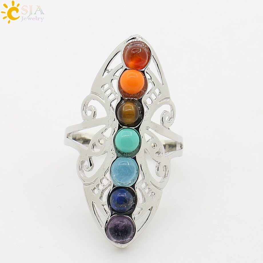 7 Chakra Rings, Stone Beads Rings, Yoga Charm Rings