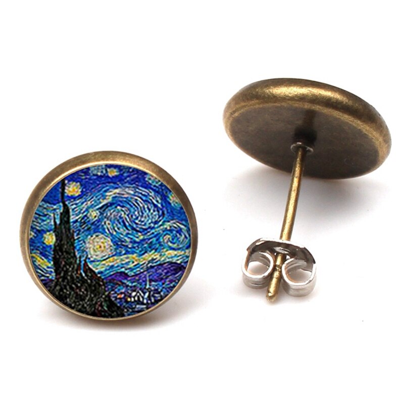 Mode Van Gogh Malerei Stud Ohrringe kunst Die Starry Nacht Ohr Studs Van Gogh Sonnenblumen Runde Schmuck Glas Dome Ohrringe – Bild 4