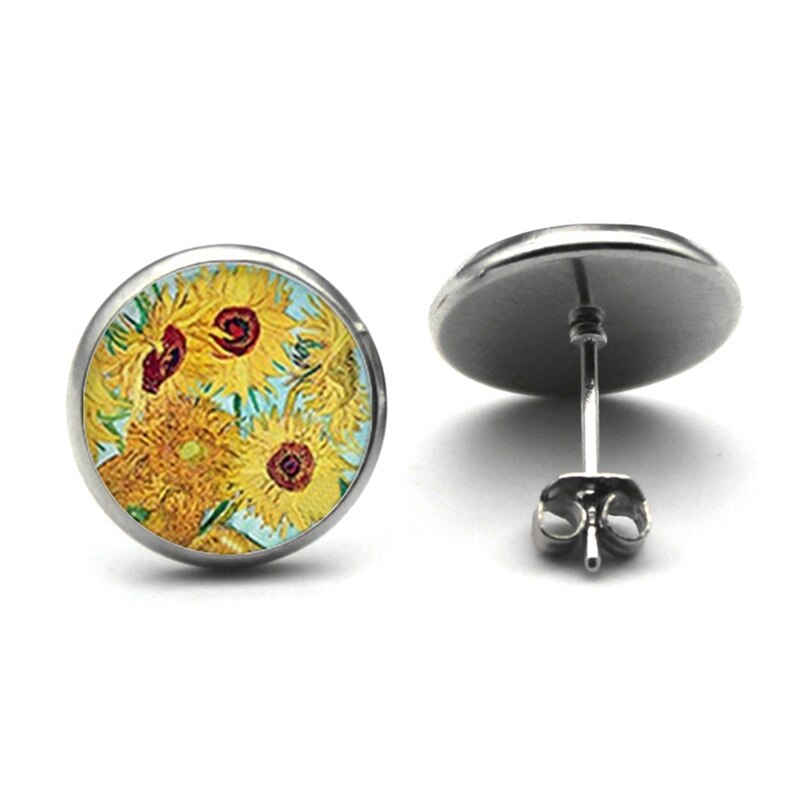 Mode Van Gogh Malerei Stud Ohrringe kunst Die Starry Nacht Ohr Studs Van Gogh Sonnenblumen Runde Schmuck Glas Dome Ohrringe – Bild 5