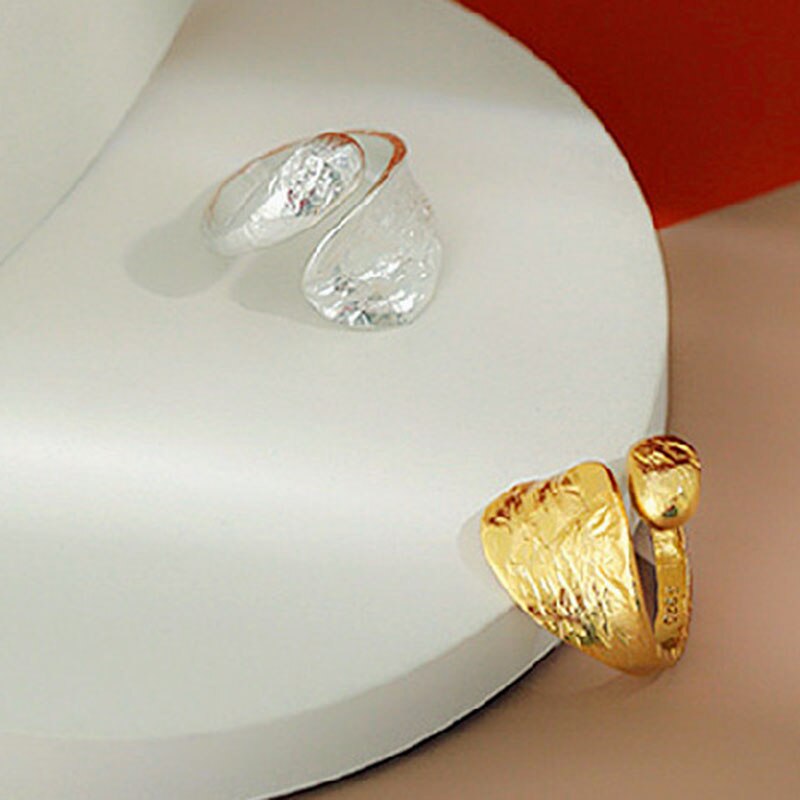 XIYANIKE 925 Sterling Silber Koreanischen Stil Tropfen-Förmigen Goldene Unregelmäßige Zinn Folie Textur Offenen Ring weibliche Mode-Schmuck – Bild 4
